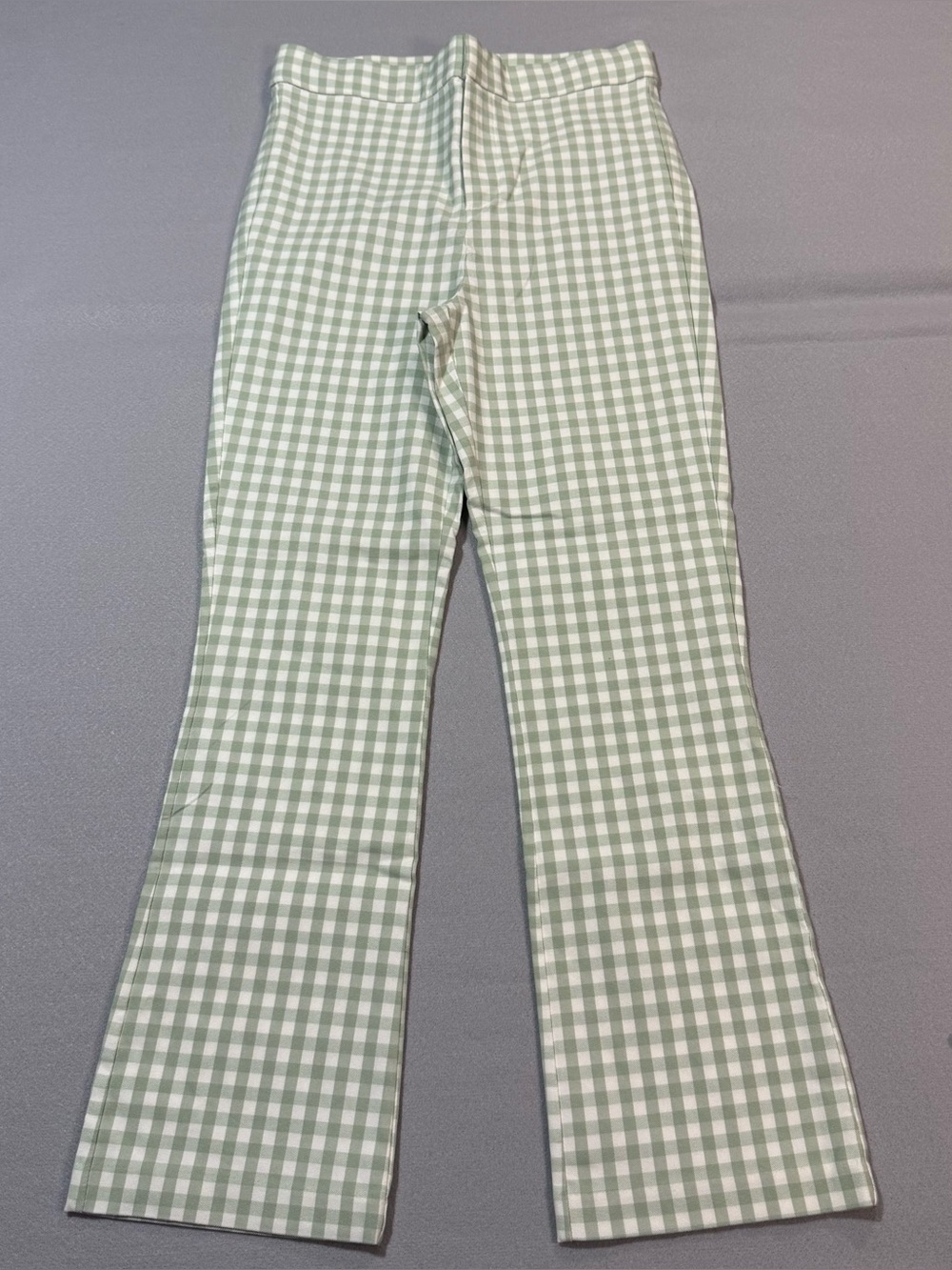 Zara Gingham Kick Flare Pants Green White Ankle NWT Medium/28 High Rise